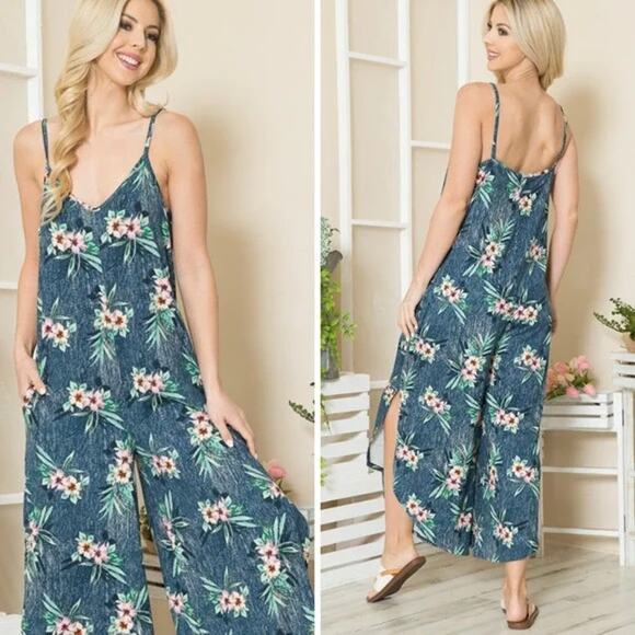 🌟Orange Farm Floral Pattern Side Slits Sleeveless Pockets Jumpsuit | Size XL - Picture 1 of 4